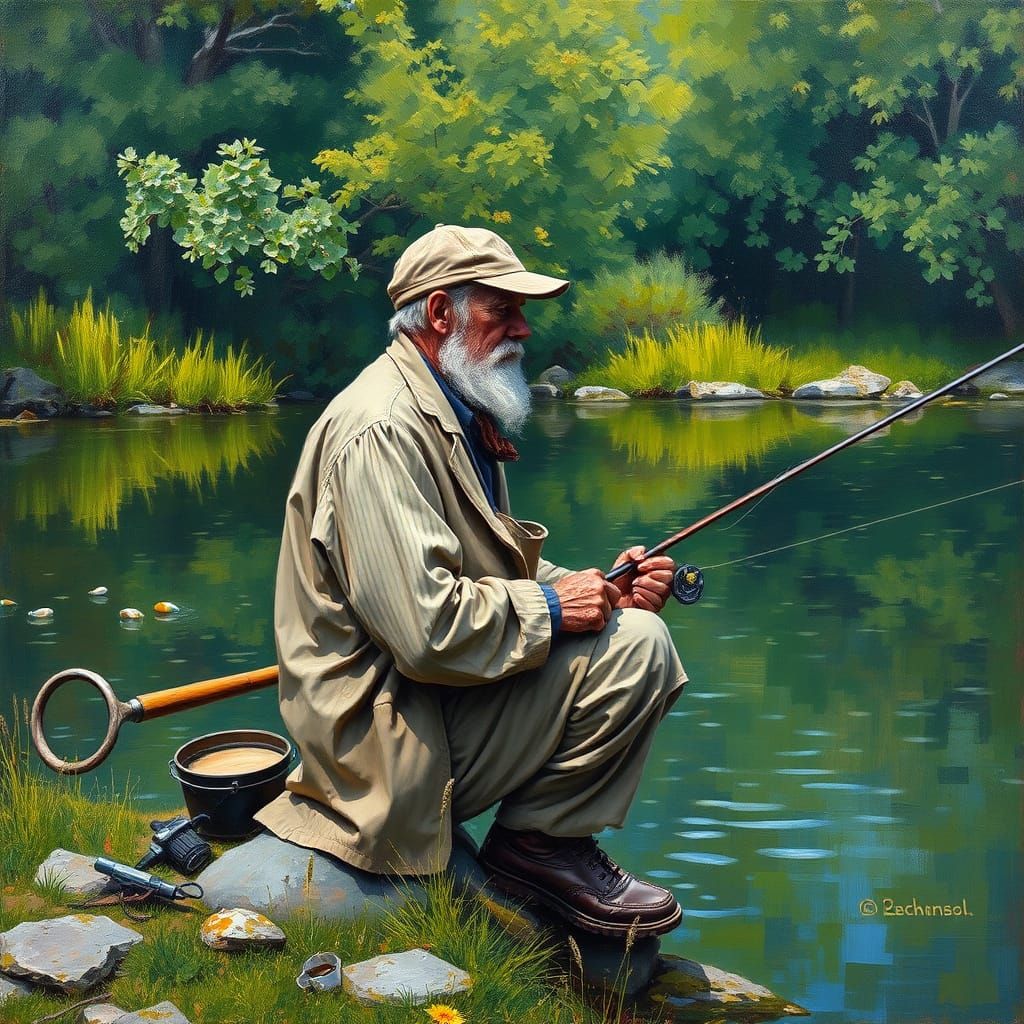 Neo-Impressionist Old Man Fishing by River