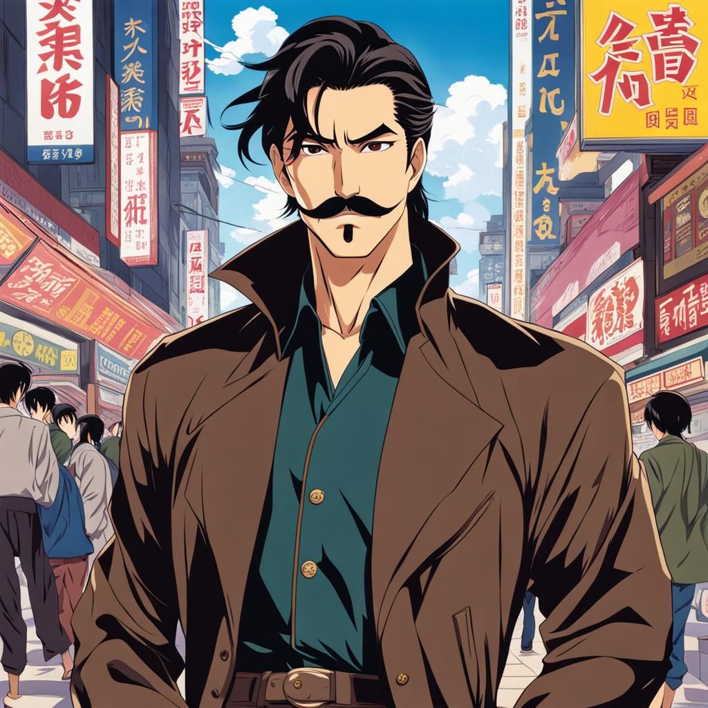 Handsome Man with Mustache in 90s Anime Style