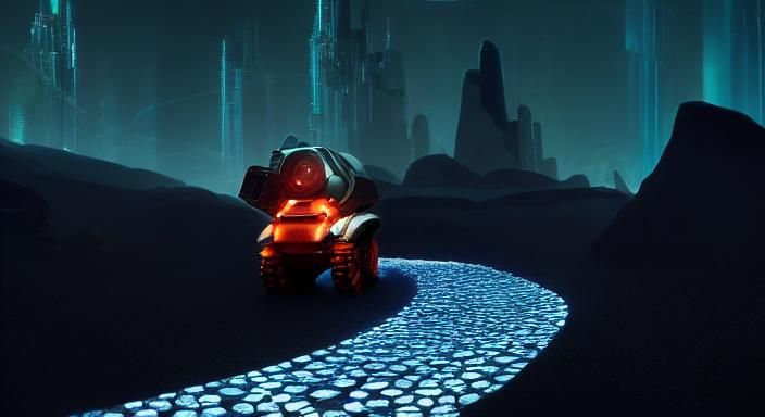 Bioluminescent Robot Drives Through Futuristic Landscape