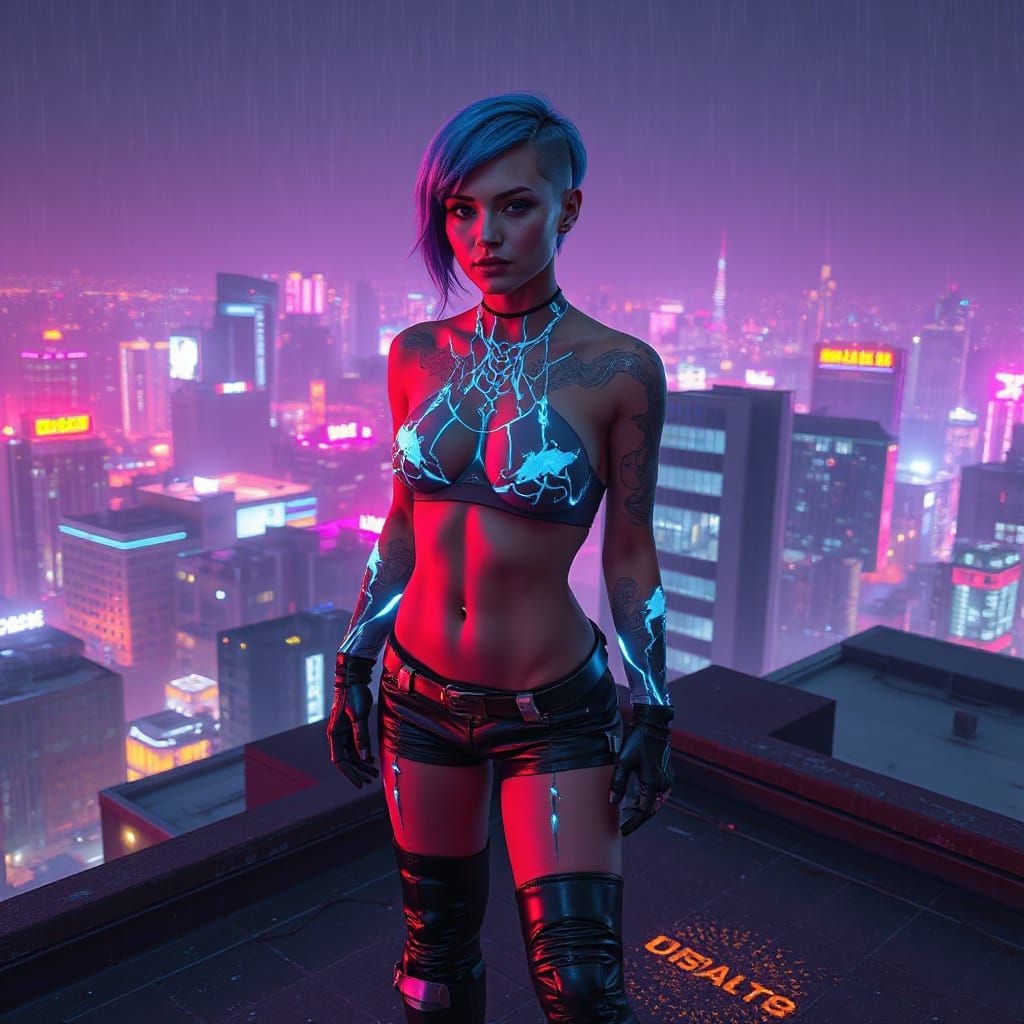 Cyberpunk Goddess in Electric Blue Hair and Neon Armor