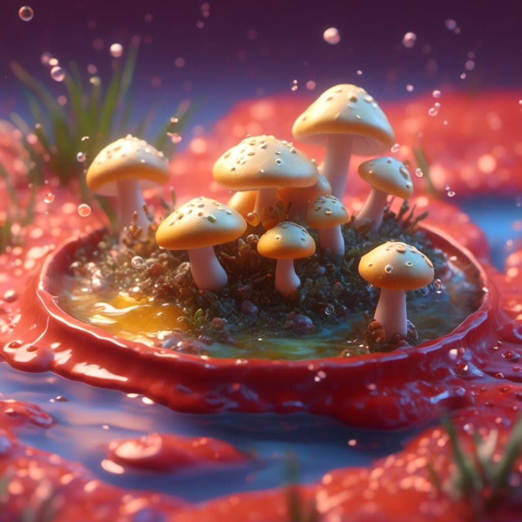 Happy Mushrooms Bathe in Butter: 3D Digital Art