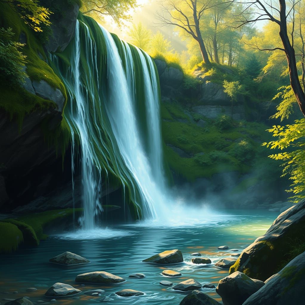 Waterfall in a Serene Idyllic Landscape