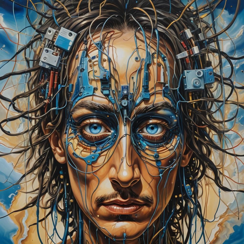 Surreal Electric Eye Portrait in Dreamlike Landscape