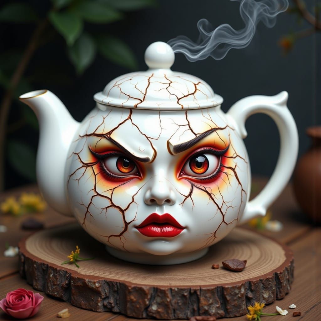 Angry White Teapot Cracks as Steam Escapes