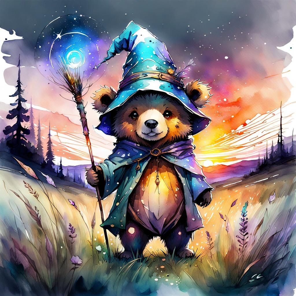Cute Chibi Bear Wizard in Watercolor Illustration