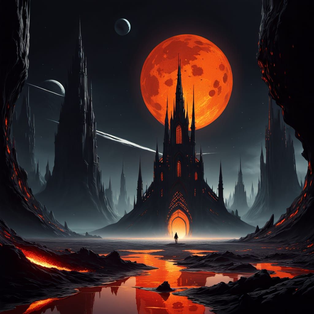 Gothic Spaceship Approaches Lava Planet In Eerie Concept Art