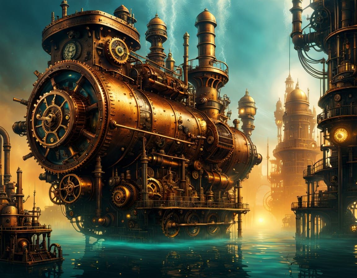 Steampunk Underwater City in Golden Light