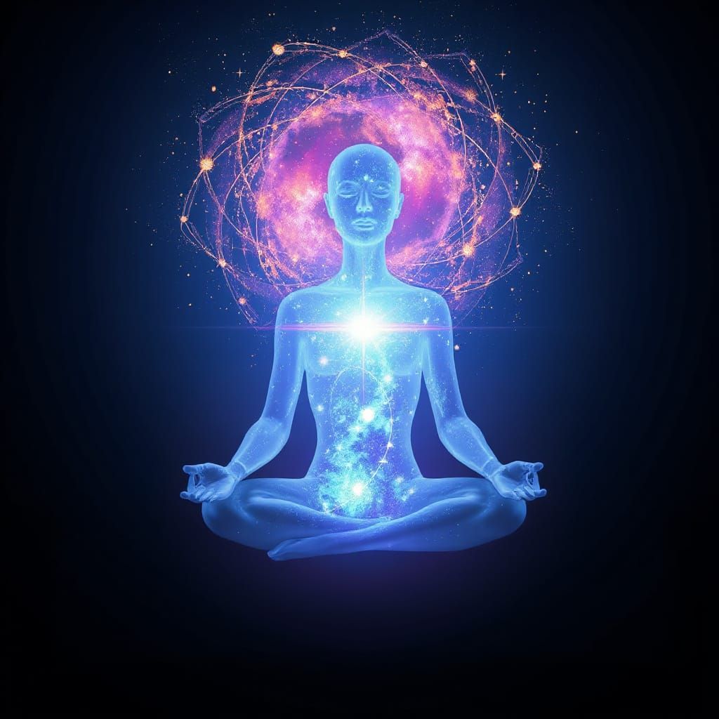Ethereal Light Figure Meditating in Cosmic Void