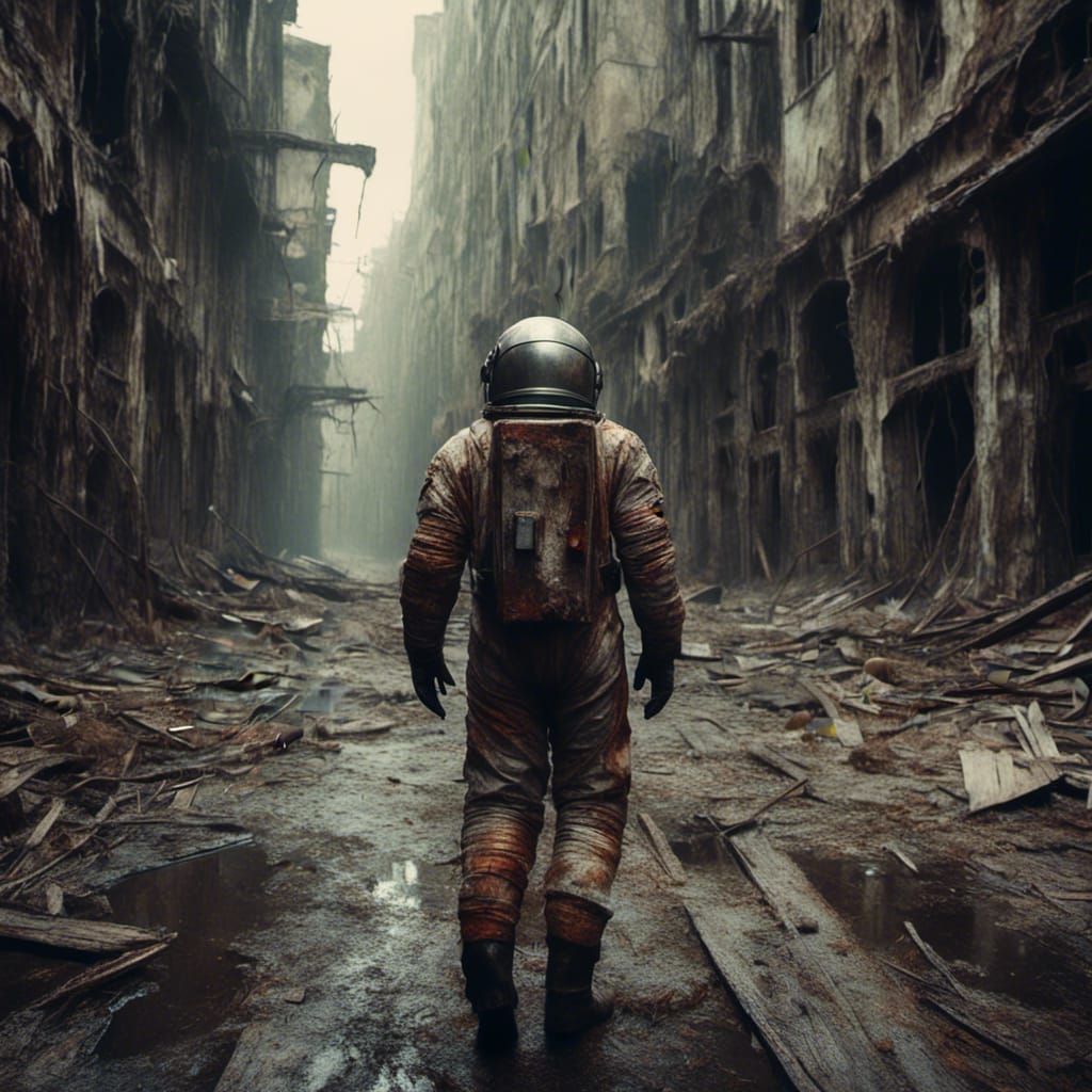 Cosmonaut Walks Alone in Deserted City