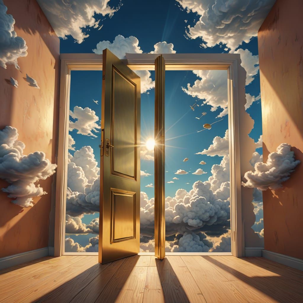 Surreal Floating Door in Sky with Golden Light
