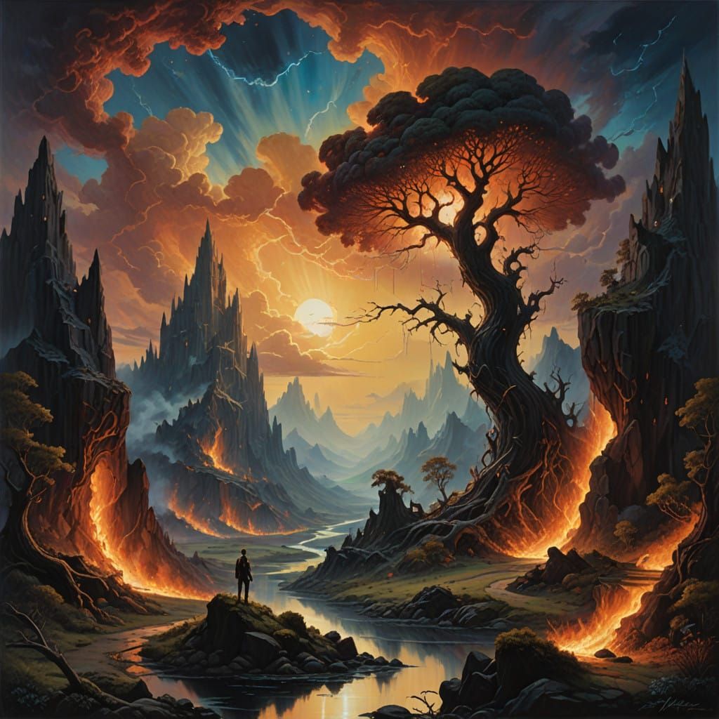 Surreal Heaven and Hell Landscape in Oil