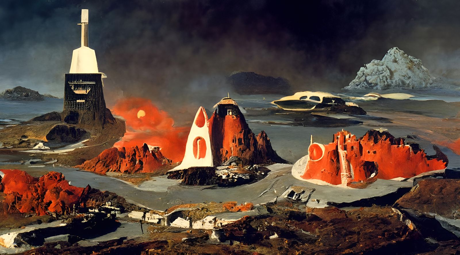 Surreal Sci-Fi Landscape with Spaceship and Castle