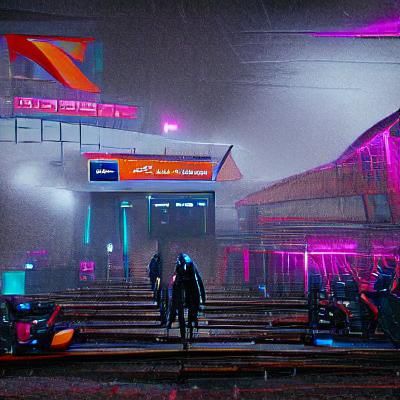 Cyberpunk Train Station in Neon Cityscape