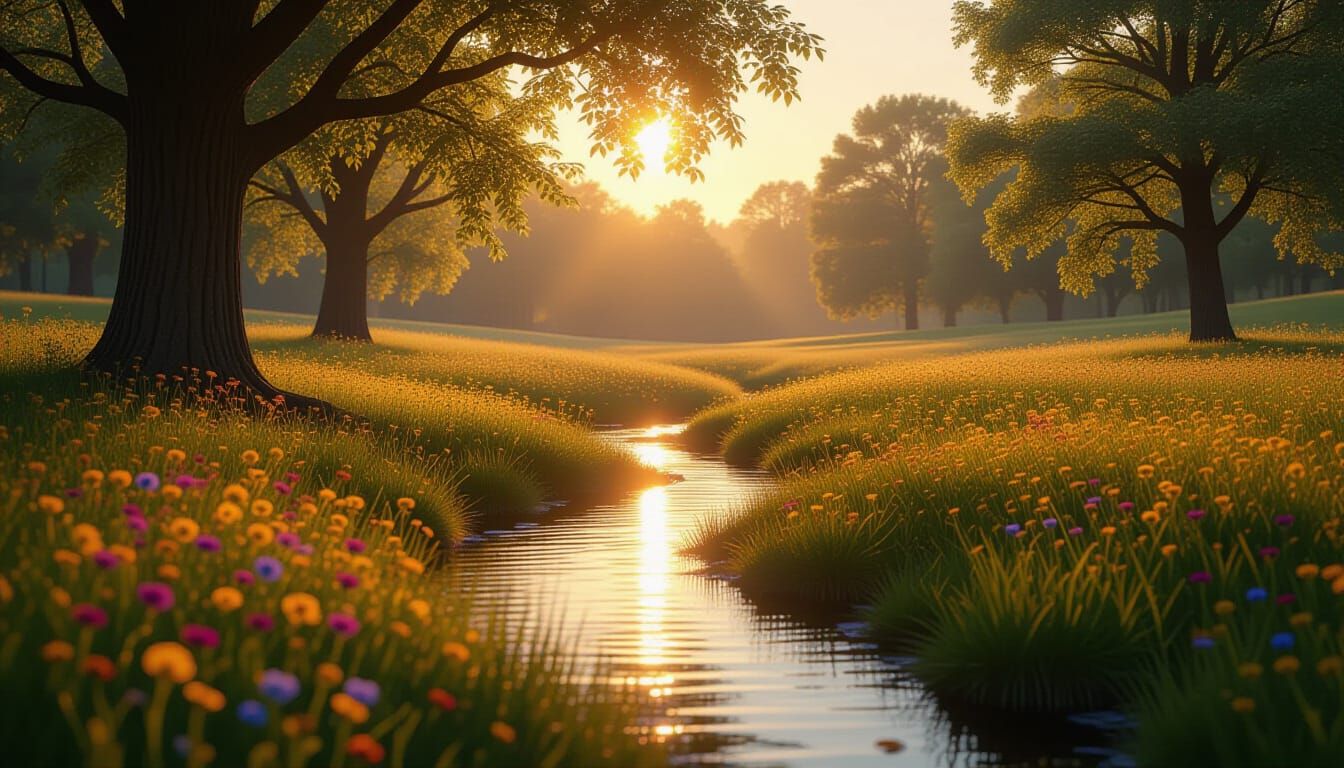 Serene Twilight Meadow in Hyperrealistic Style