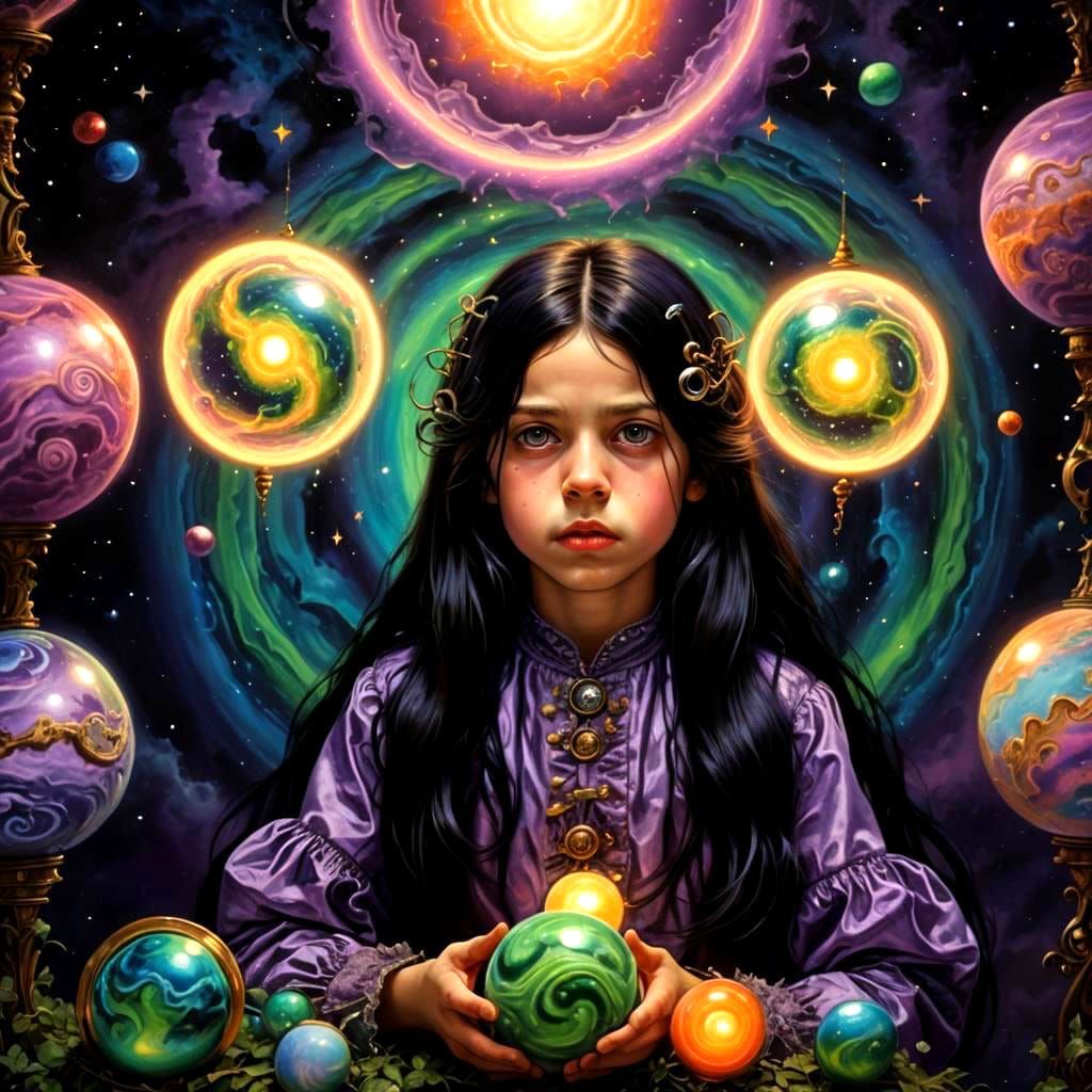 Grim Victorian Child in Psychedelic Planetary Scene