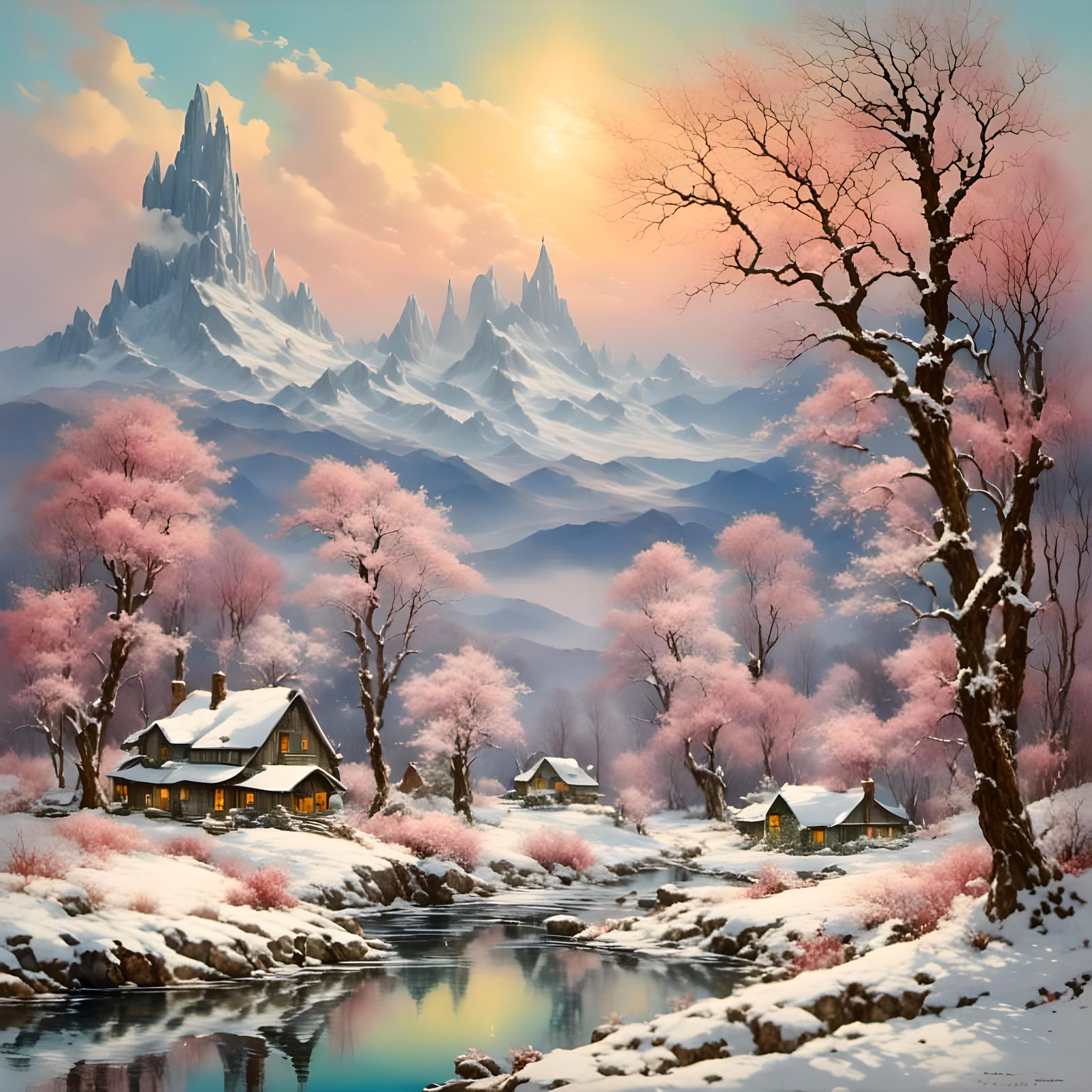 <lora:Pink Snow WaterCol 1:1.0> <lora:CottonCandy StarDust:1.0> winter Landscape