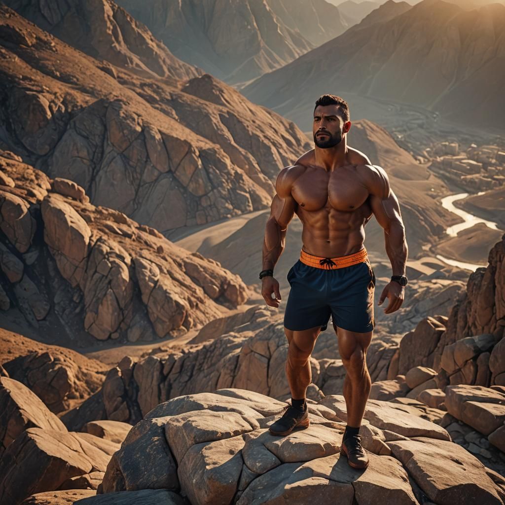 Victorious Arab Bodybuilder at Sunset: Cinematic Film Still