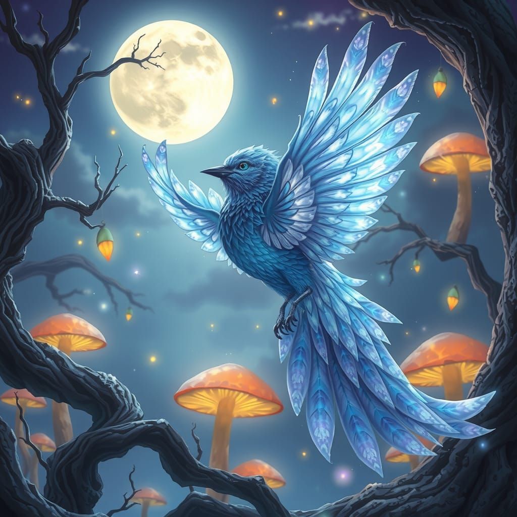 Ethereal Songbird of Eldrador in a Whimsical Moonlit Scene