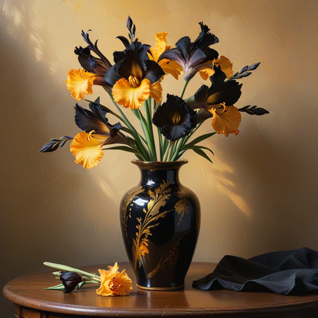 Black and Gold Gladiolus in Oil, Soft Brushstrokes and Vibra...