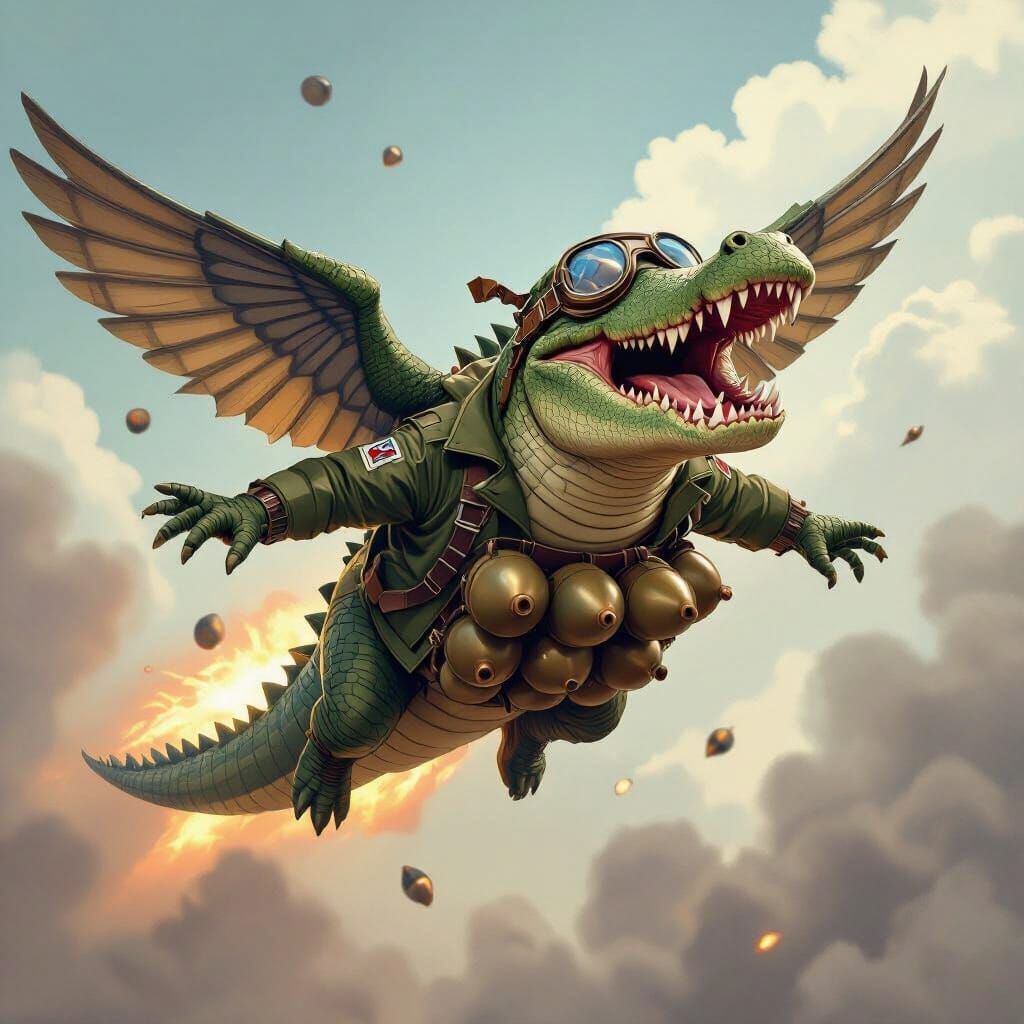 Flying Crocodile Soaring with Bombs in Propaganda Art