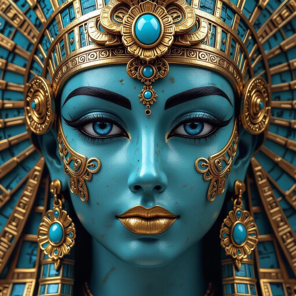 a close up of a gold mask with blue eyes and a cross,