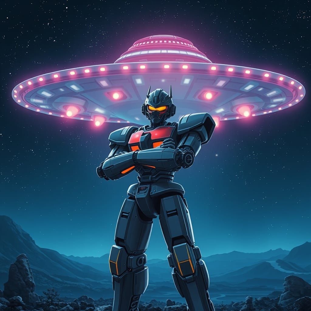 Heroic Goldrake Robot Under UFO in Retro-Futuristic Style