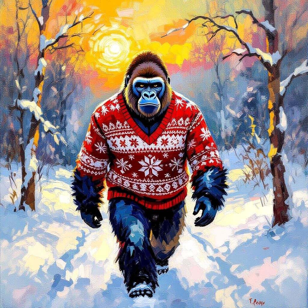 Gorilla in Ugly Christmas Sweater, Neo-Impressionist Style