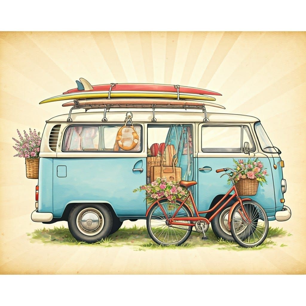 A watercolor realistic detailed illustration of blue van with surfboards on top and beach bag, picnic basket in the back...
