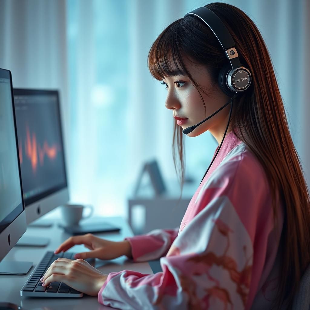 Woman in Kimono Using Computer as Watercolor
