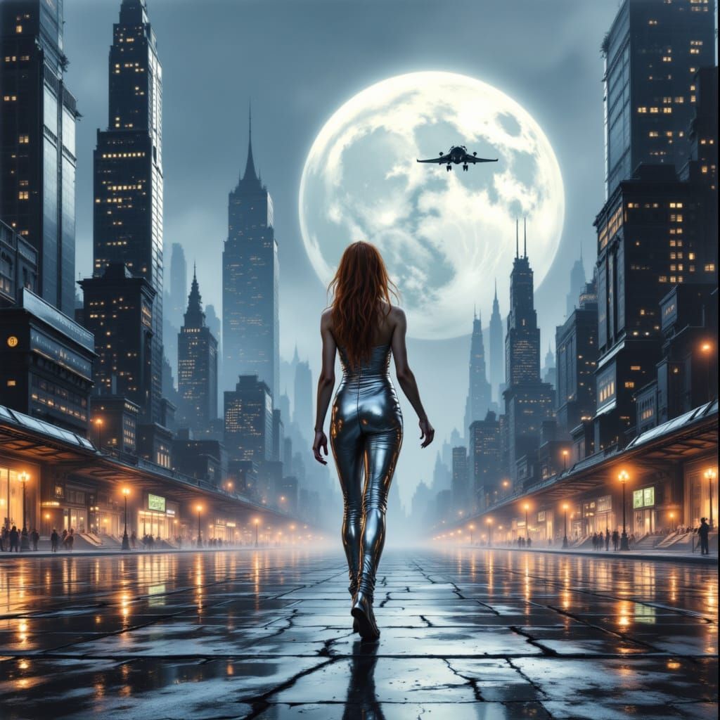 Futuristic Cityscape Wanderer in Sleek Jumpsuit