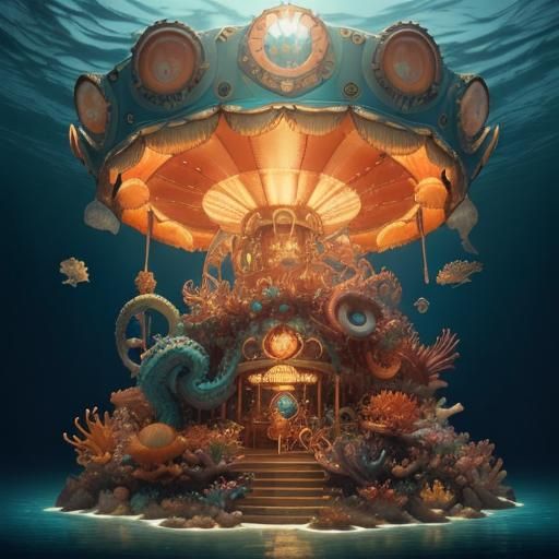 Underwater Steampunk Carousel with Octopus in Art Nouveau St...