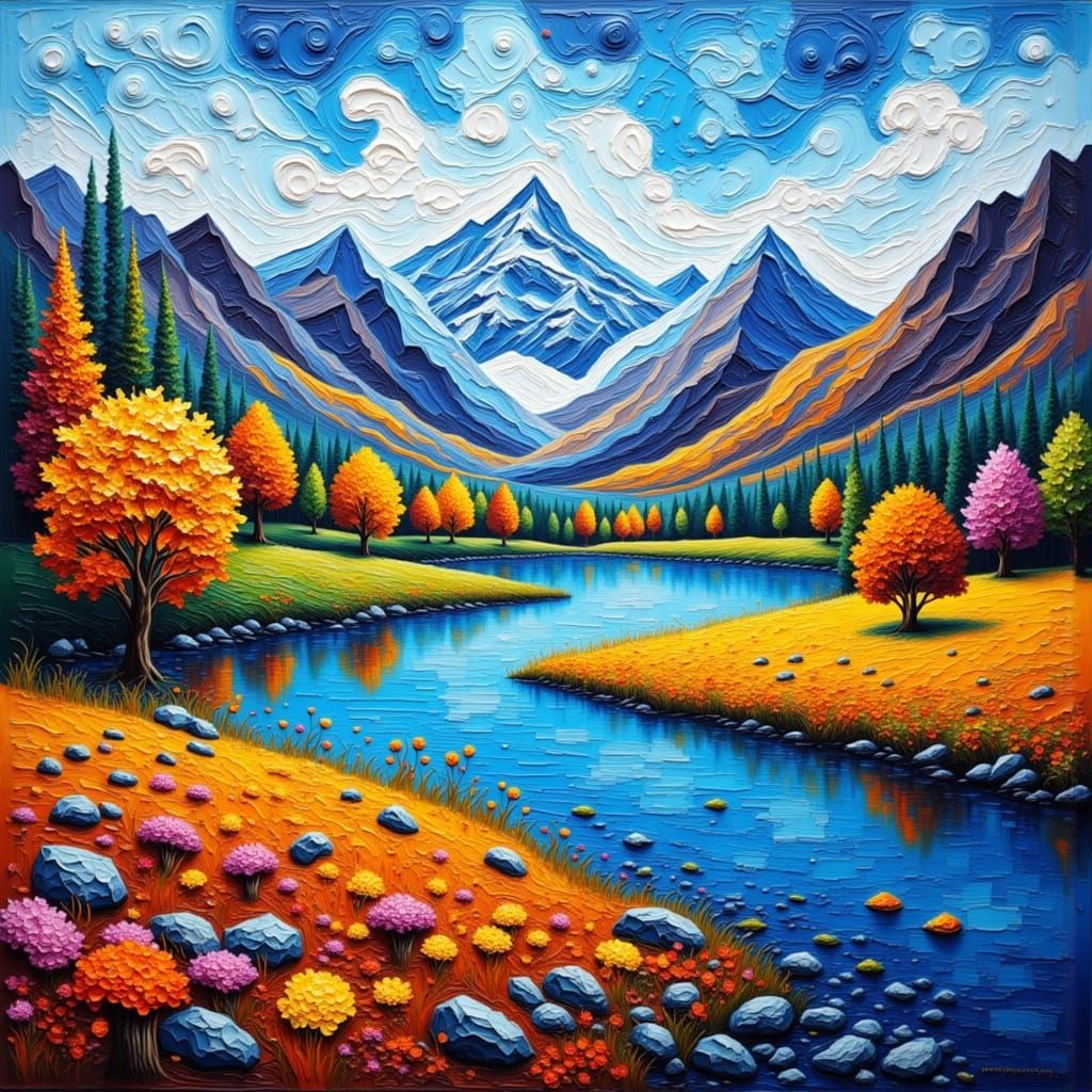 Surreal Impasto Lake Landscape