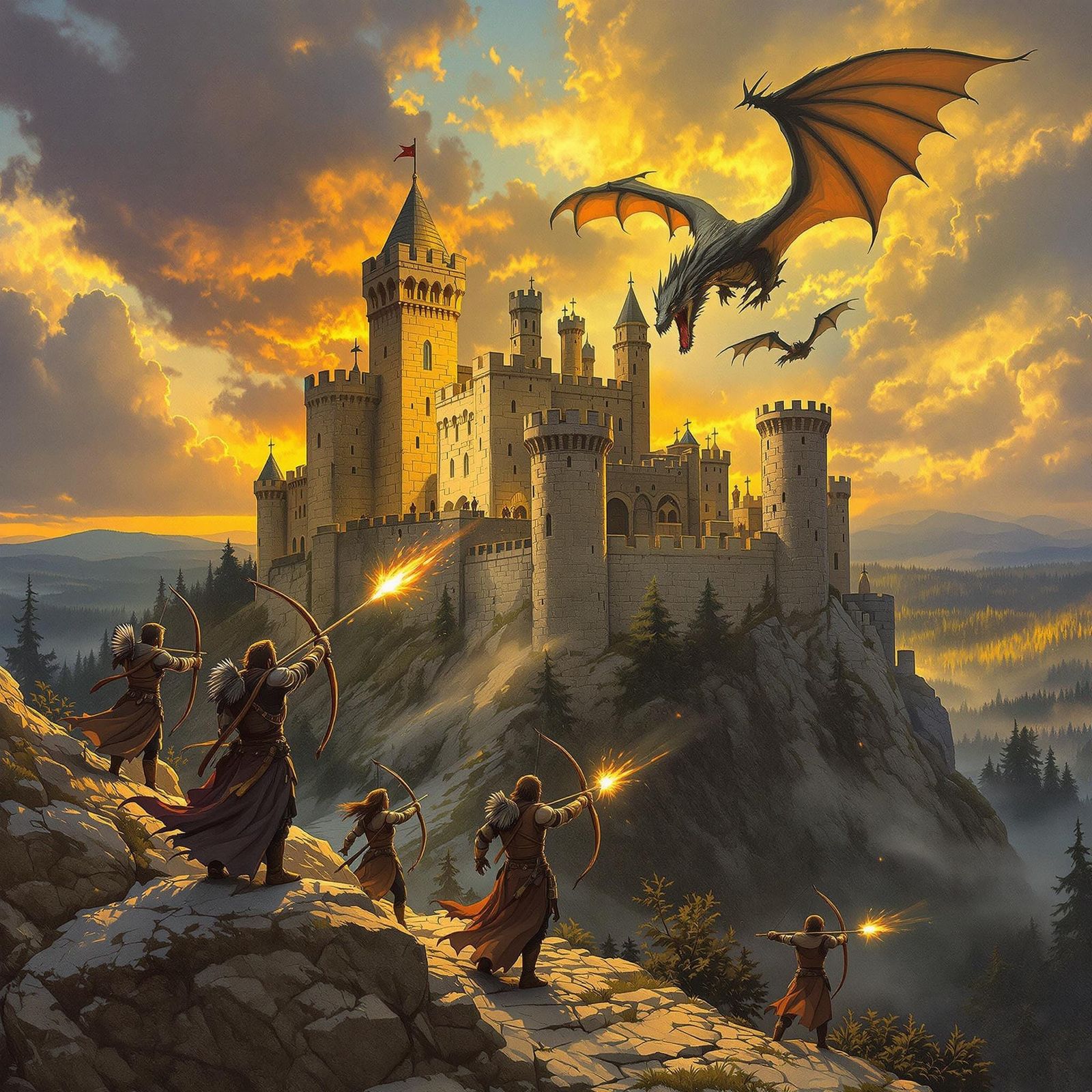 Medieval Castle Defense Against Dragon at Sunset