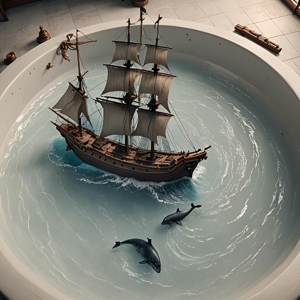 Galleon Whale Hunt in Bathtub: Photorealistic Video