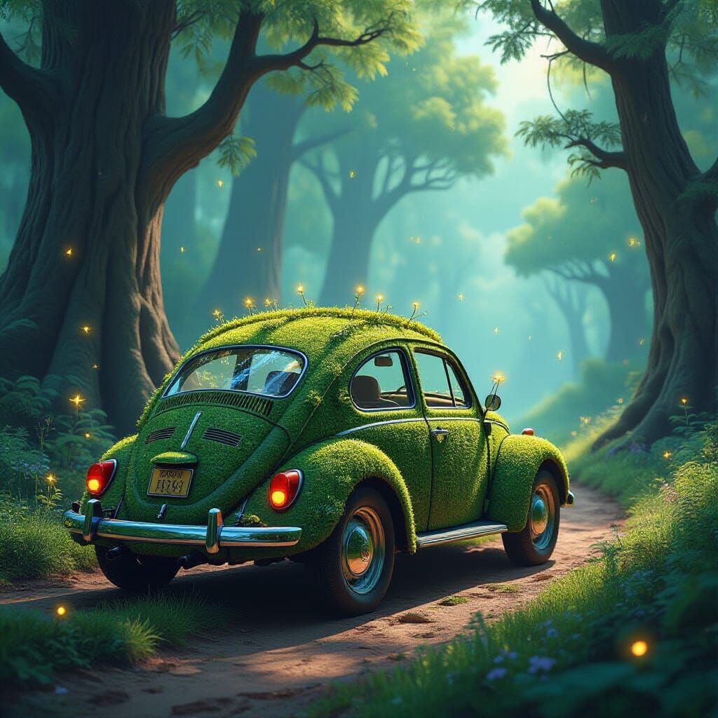 A car made of living vines, moss, and bark, weaving through ...