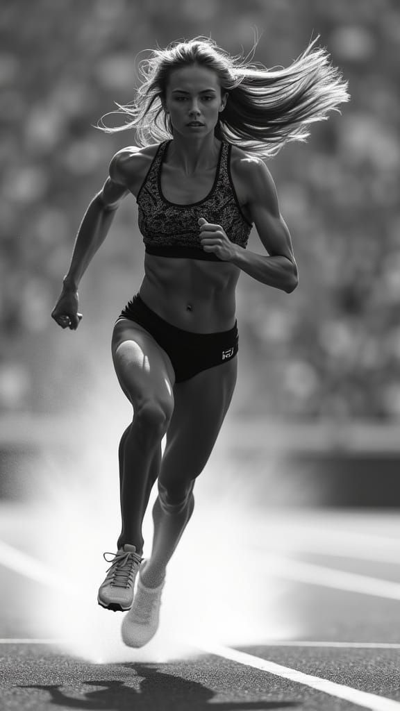Hyper-Realistic Female Athlete in Mid-Sprint, Athletic Perfe...