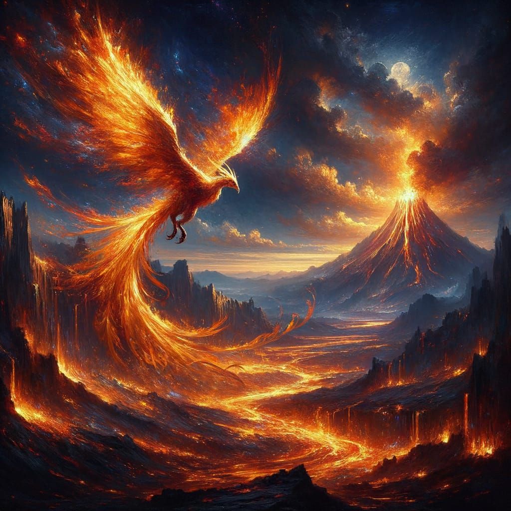 Majestic Phoenix Rises From Volcanic Caldera in Fiery Hues