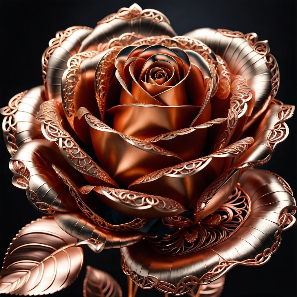 Metallic Copper Filigree Rose in Full Bloom
