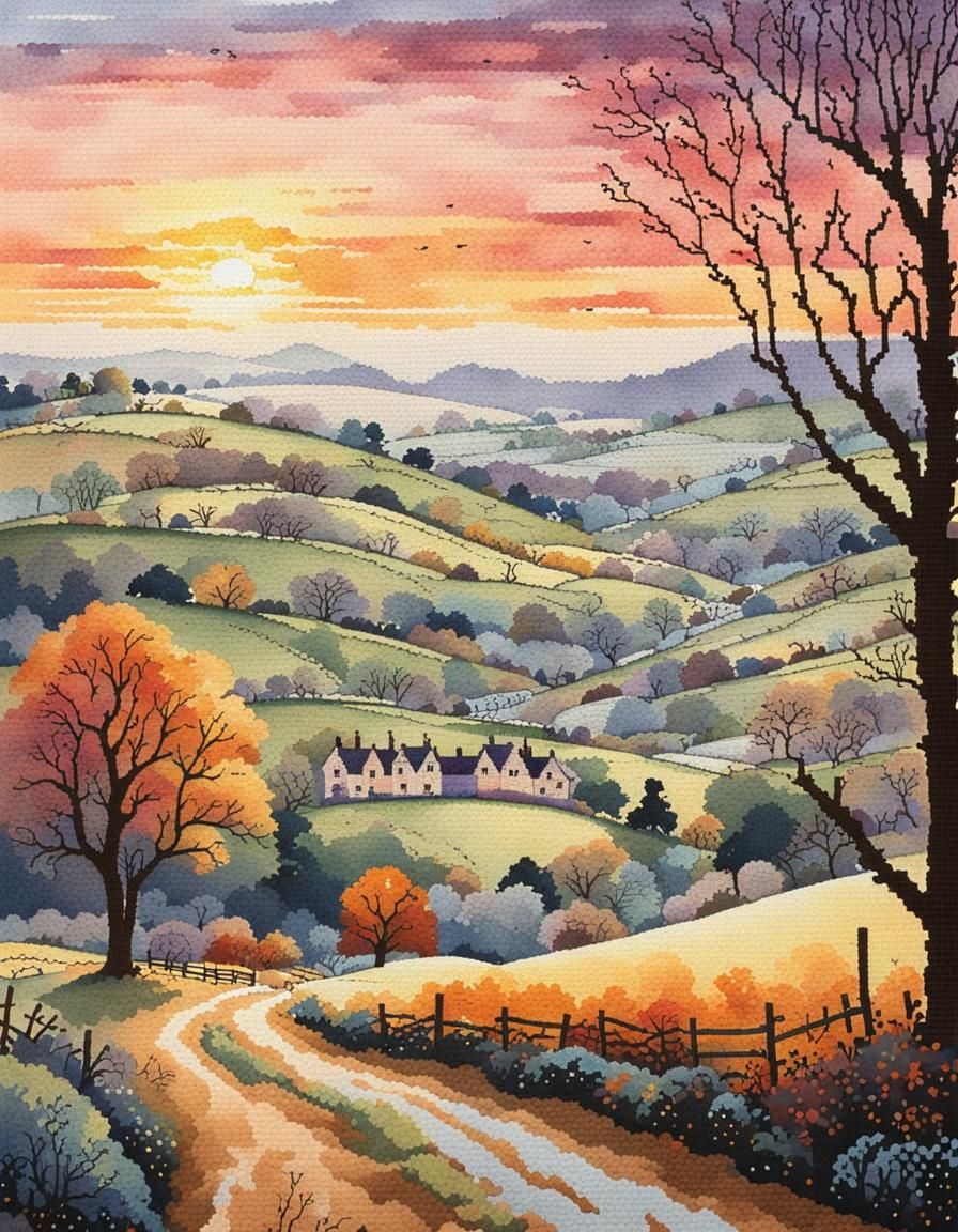 Cotswold Hills Sunrise in Cross Stitch Style