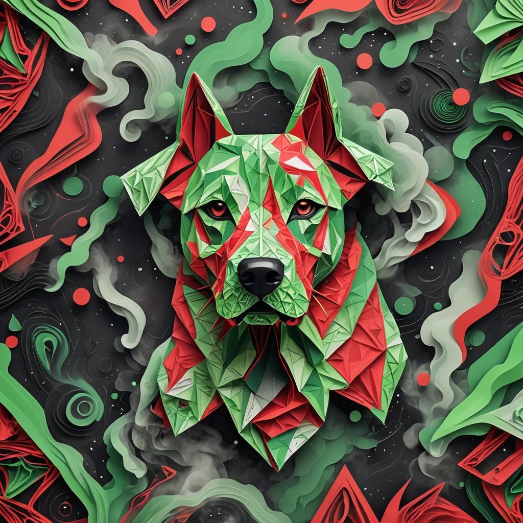 Geometric Dog in Neon Line Art with Smoke