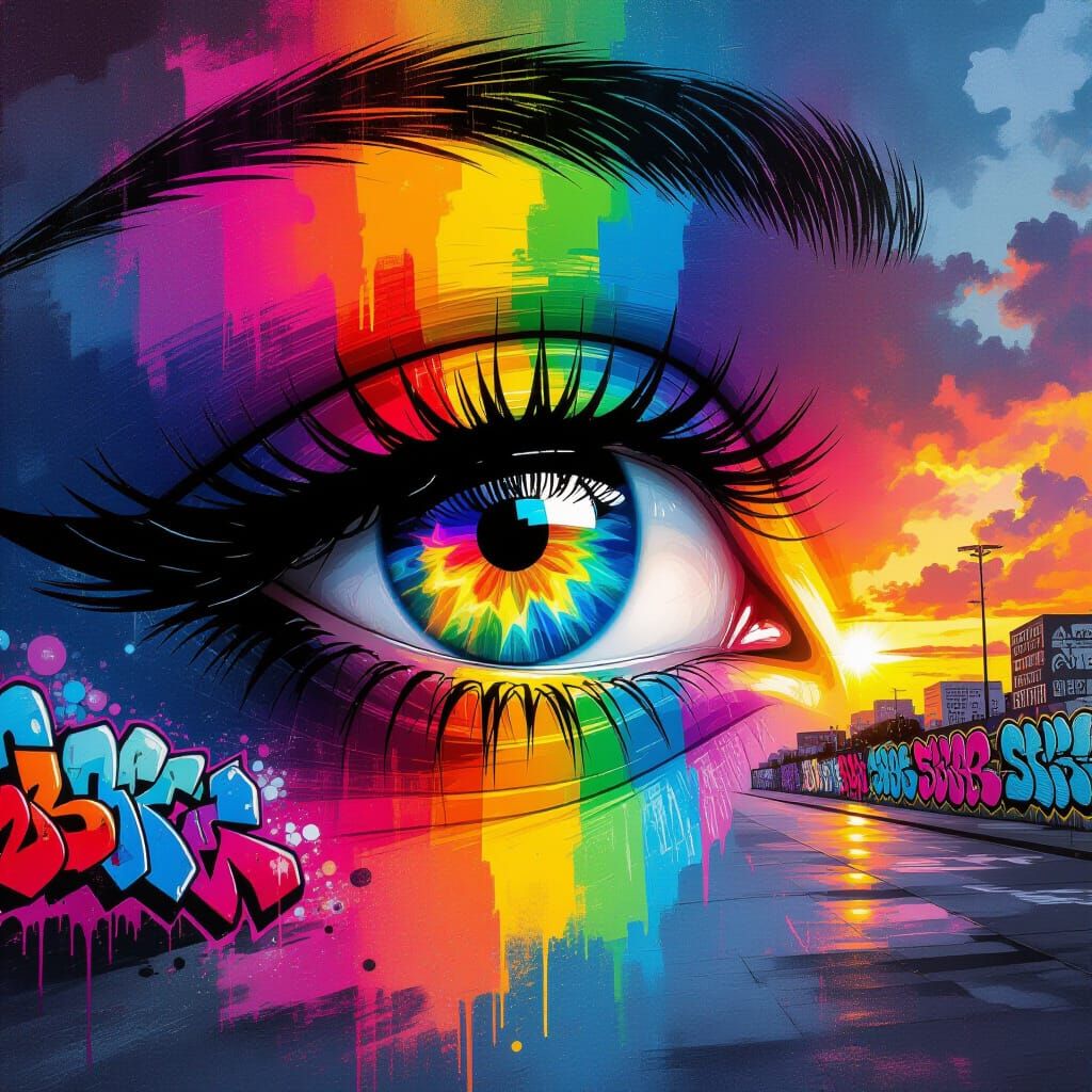 Eye Reflection: Rainbow Sky in Street Art Style
