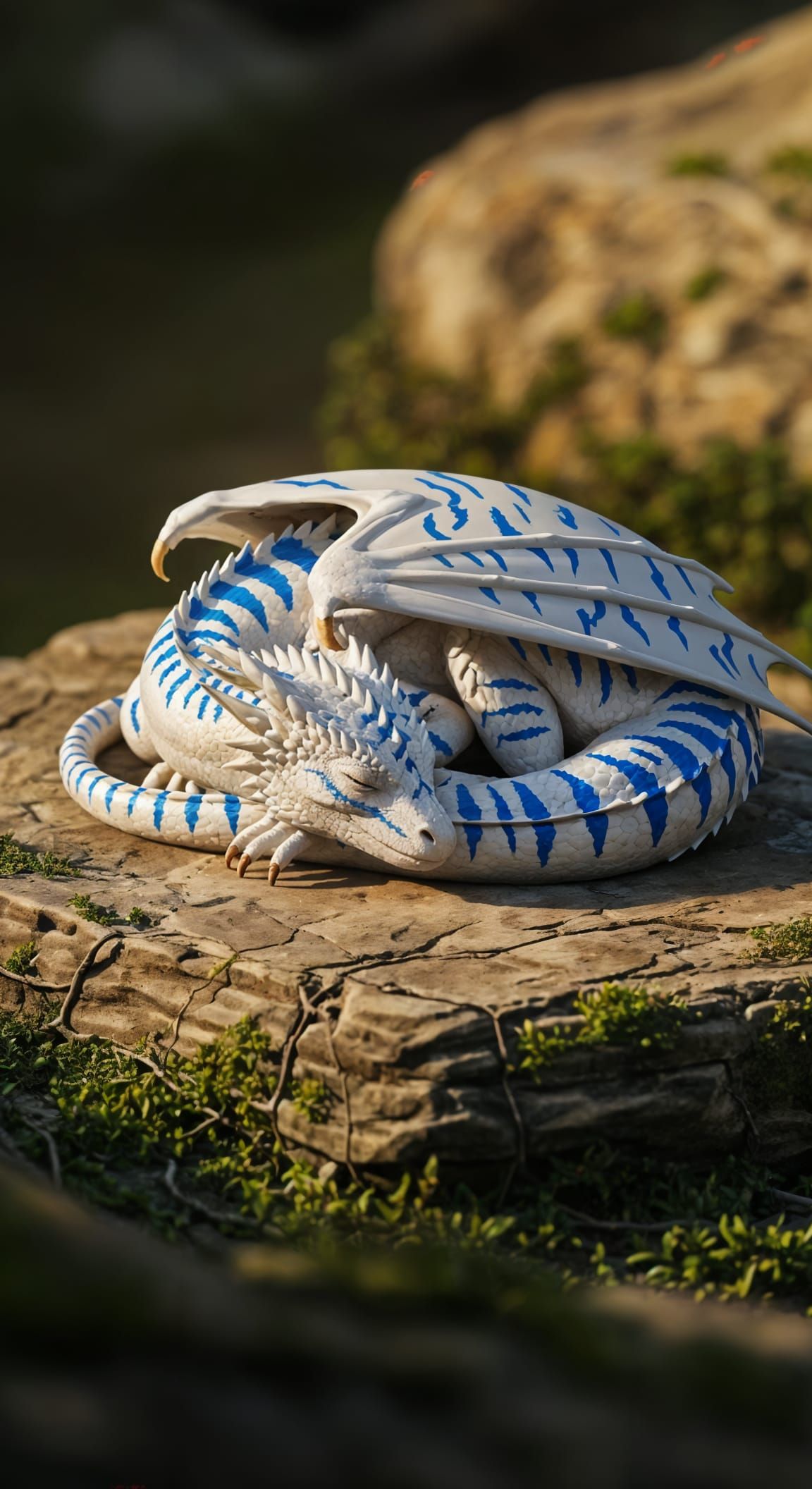 White Dragon with Blue Stripes Basking on Rock