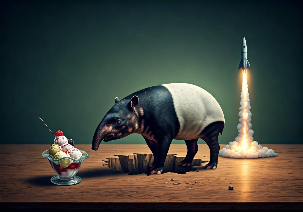 Surreal Still Life with China Tapir and Blasting Rocket