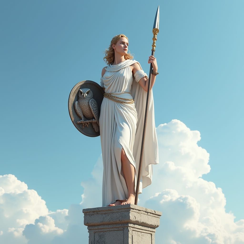Athena in Elegant Ancient Greek Attire, Wielding Spear and S...