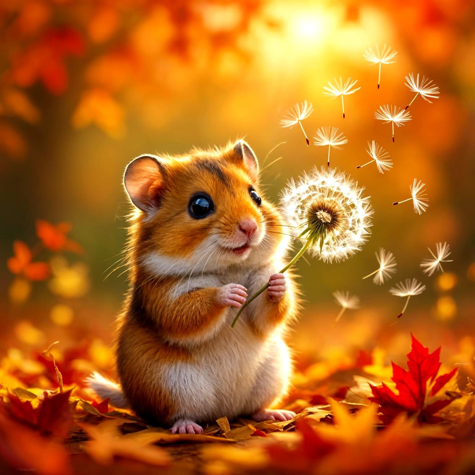 Cute Hamster Blowing Dandelion Seeds in Autumn Light
