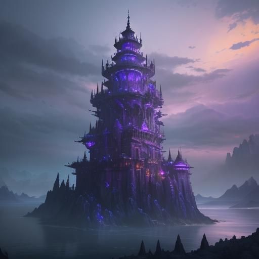 Floating Tower in Wilderness with Lamps: Fantasy Art
