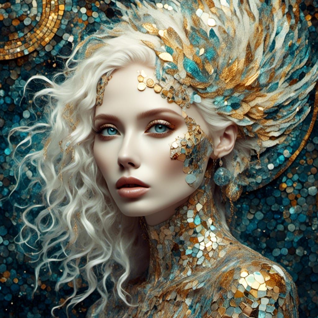 Iridescent Mosaic of Albino Woman with Zentangle Patterns