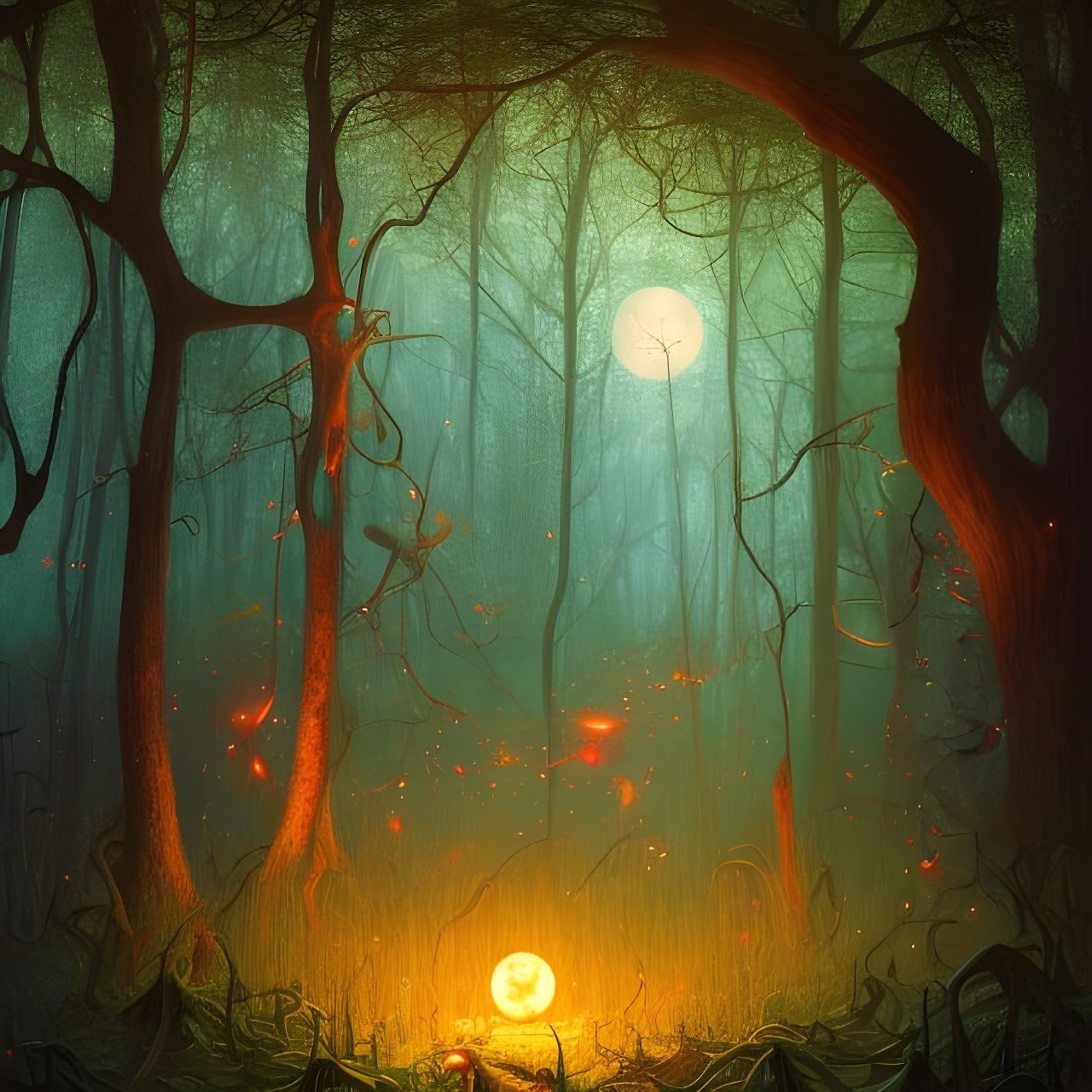 Mystical Nightmare Forest in Moonlight: Digital Painting