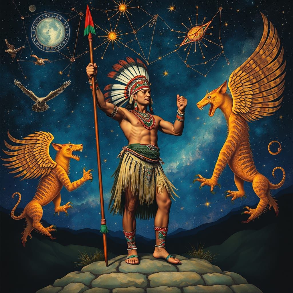 Guaraní Warrior Amidst Celestial Constellations in Art Nouve...