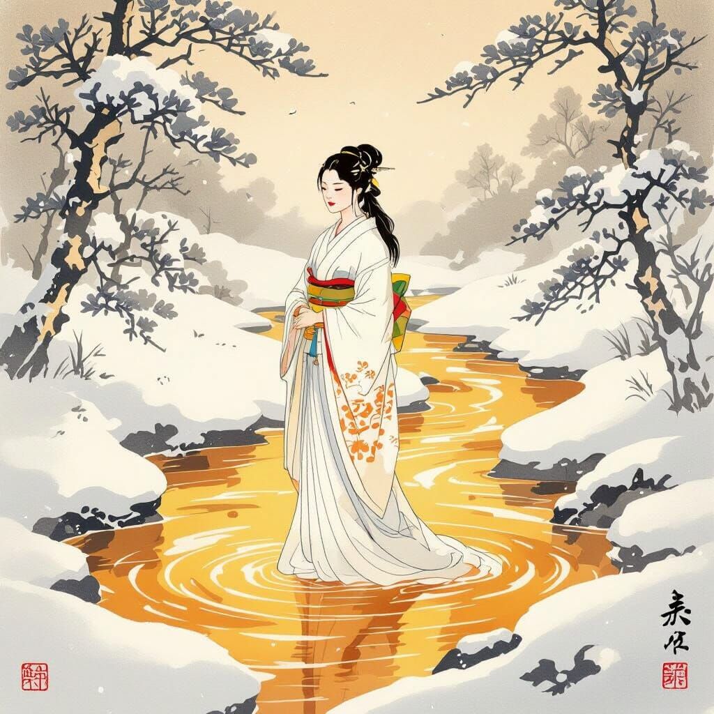 Serene Woman in Snow with Honey River, in Japanese Style